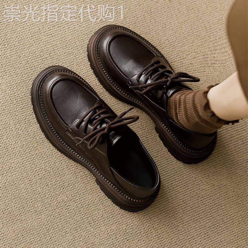 香港牛皮厚底复古小皮鞋女2026春季新款英伦风圆头带乐福鞋单鞋