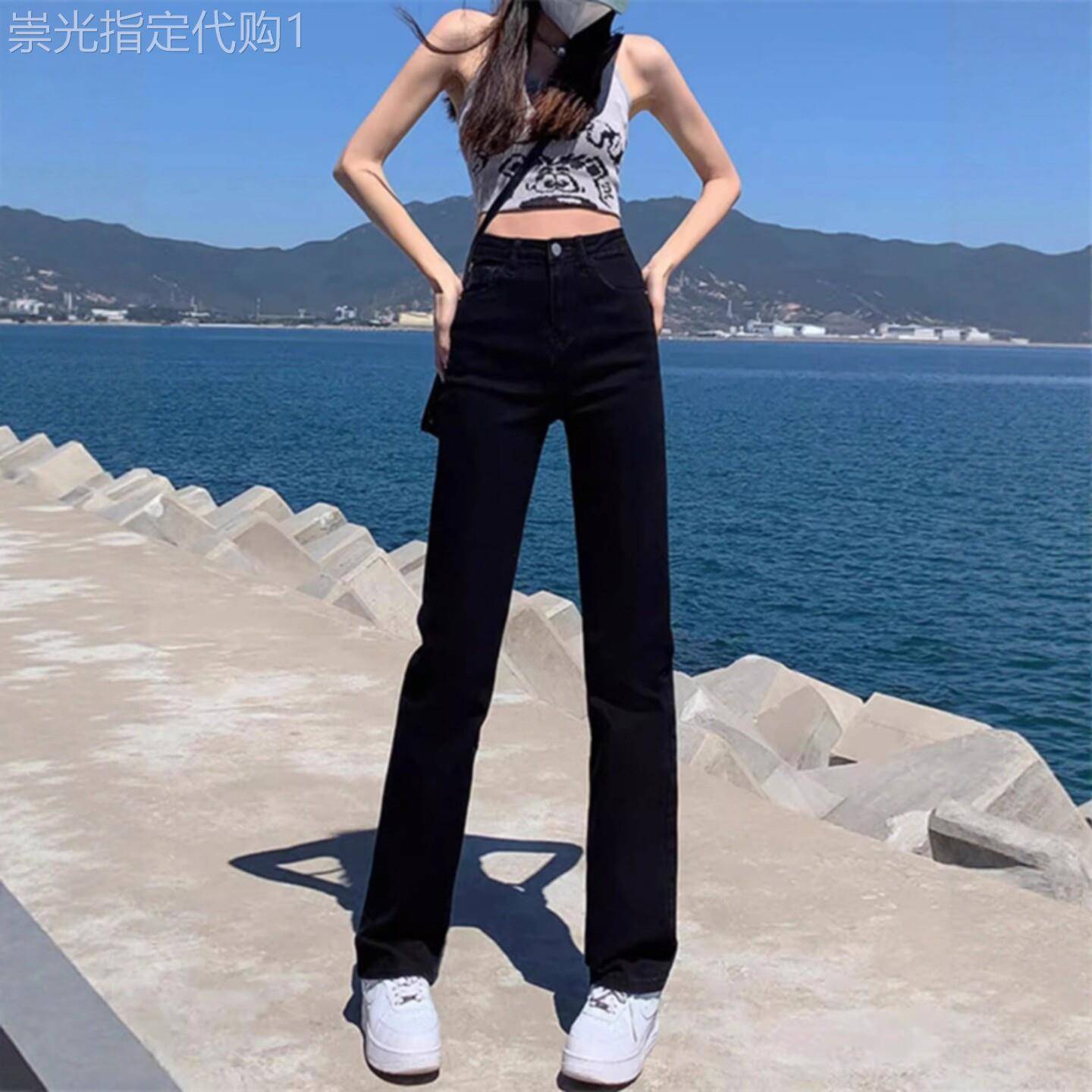 潮牌高腰显瘦黑色窄版直筒牛仔裤女春秋季2025新款韩版修身烟管裤