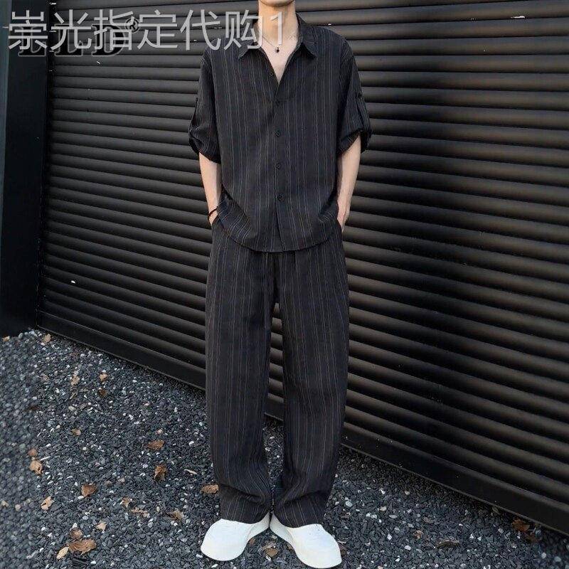 高端老钱风条纹套装男士夏季2026年新款短袖衬衫休闲裤男款两件套
