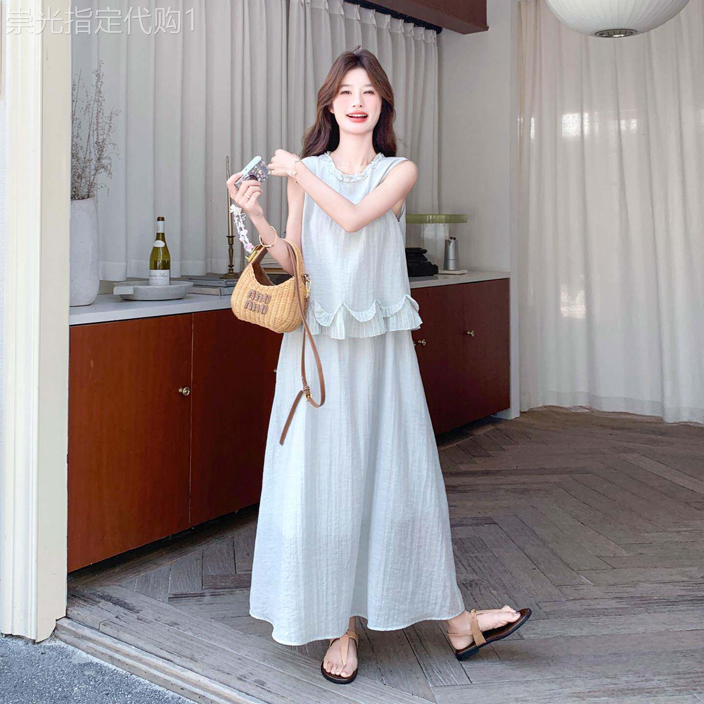水蓝色夏日绝美无袖洋装女2026法式独特漂亮假两件花边背心长裙