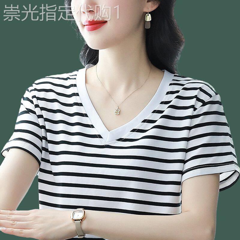 纯棉条纹短袖t恤女2025年夏季新款宽松大码女装遮肚子显瘦v领上衣