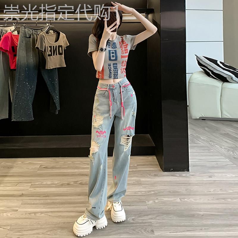 欧洲站休闲运动套装女2026新款夏季网红短款T恤高腰破洞牛仔裤潮