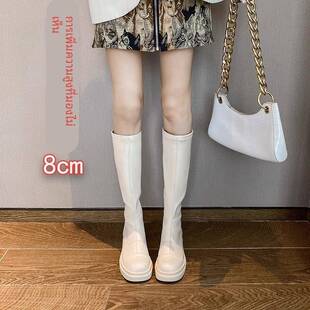 香港内增高长筒靴小个子2025春秋皮靴不过膝中筒骑士靴白色长靴女