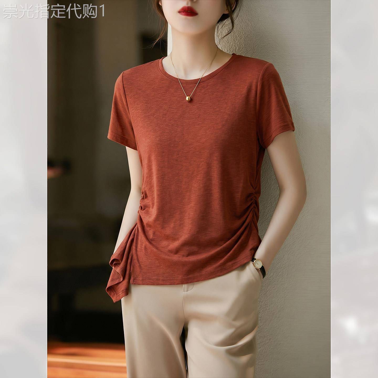 轻薄褶皱侧边荷叶边T恤女夏季2026年新款短袖法式超好看上衣漂亮
