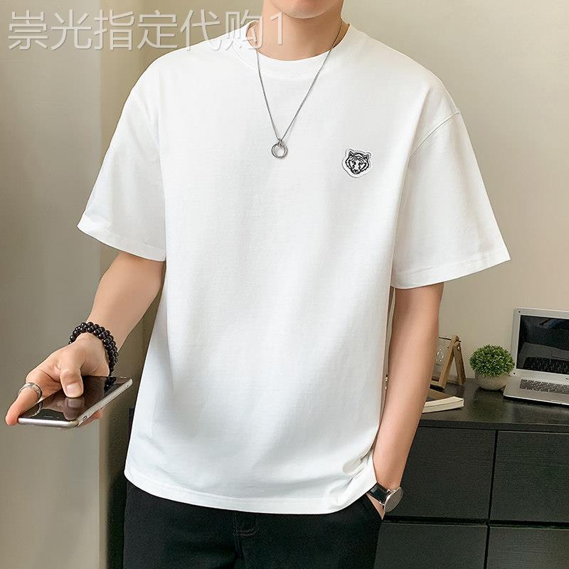 冰丝短袖T恤男潮牌夏季薄款丝光棉百搭刺绣虎头半袖体恤休闲上衣
