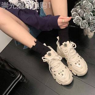 新款时尚真皮单鞋女小个子增高松糕鞋水钻网红运动风休闲鞋
