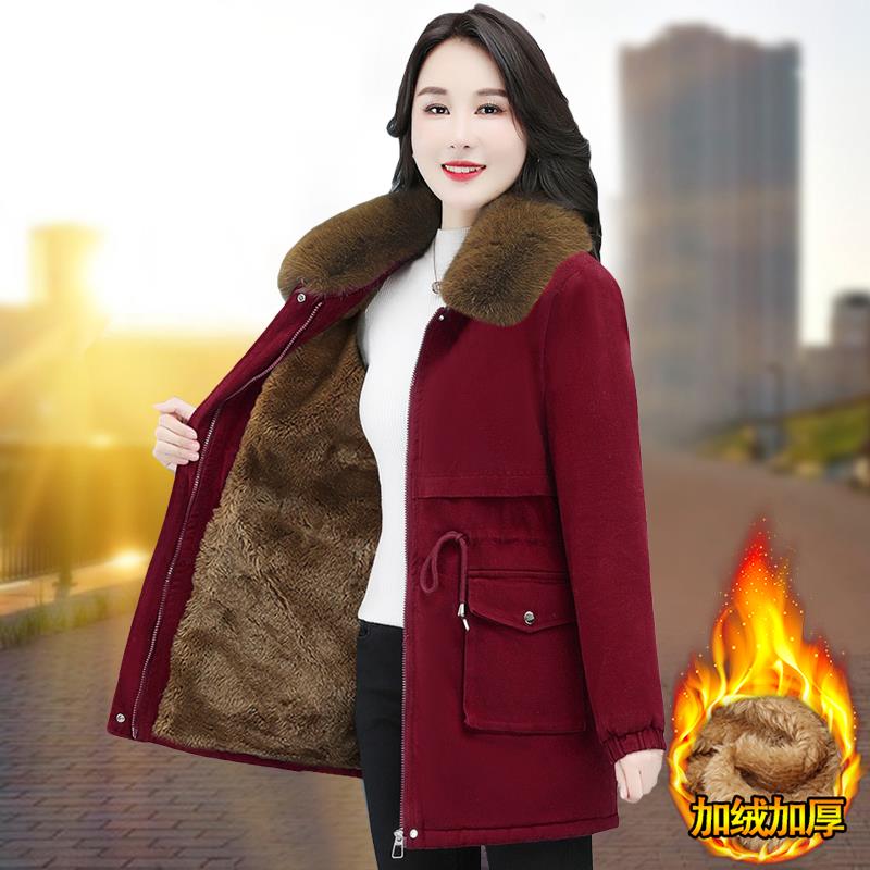加绒加厚中长款毛领派克服女2025年中年妈妈减龄宽松显瘦棉衣外套