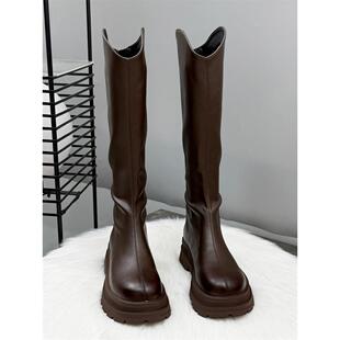 香港棕色长筒靴女2025年新款秋冬加绒骑士靴子小个子增高过膝长靴