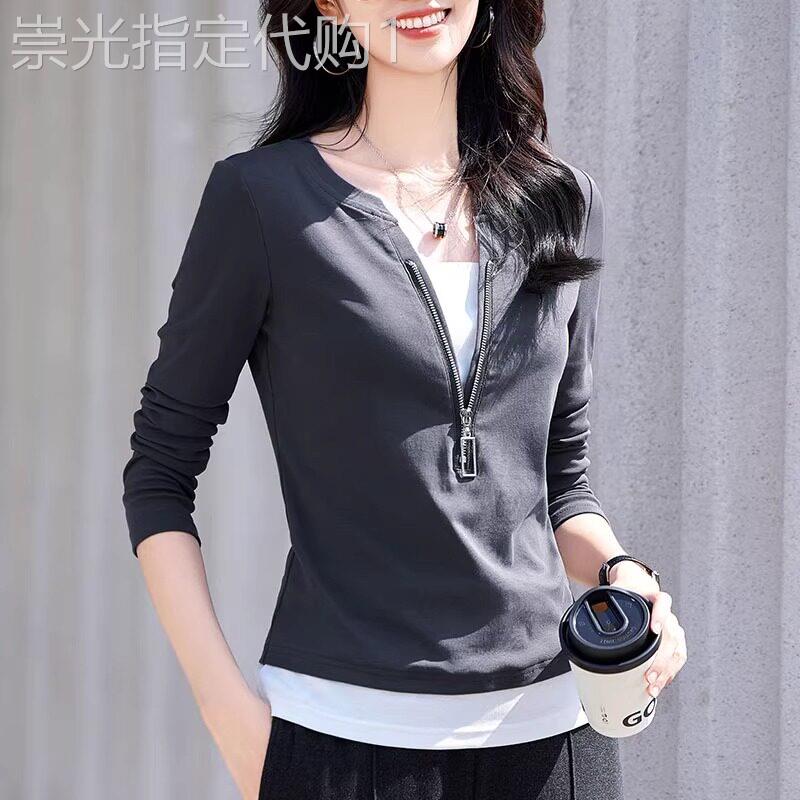 灰色假两件打底衫女春季薄款2026新款拼接修身显瘦V领长袖t恤上衣