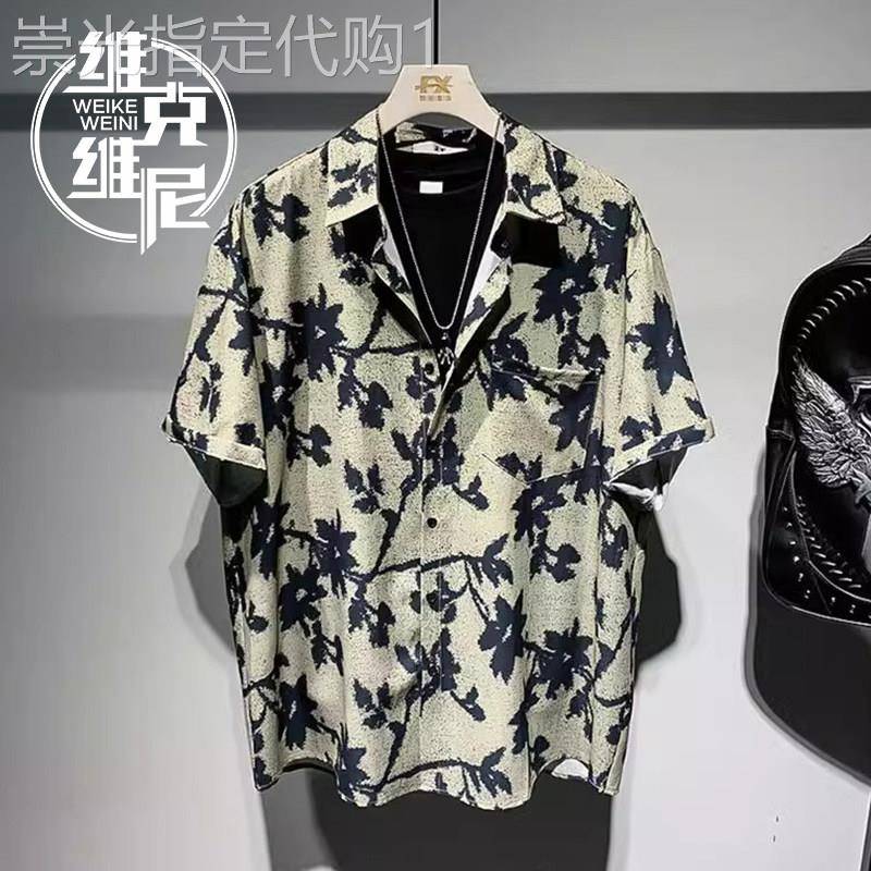 港风短袖花衬衫男士夏季薄款潮牌痞帅复古休闲高级感宽松半袖衬衣
