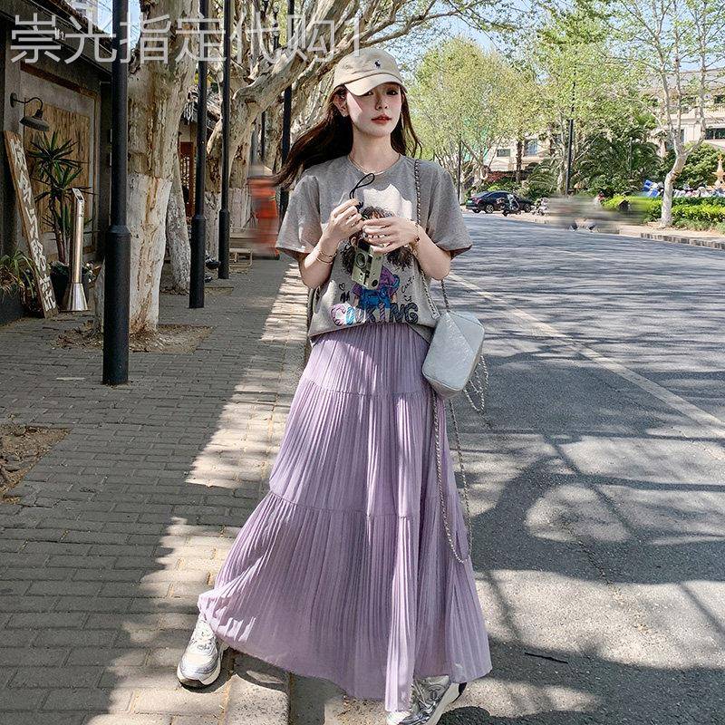 韩系休闲慵懒风套装裙女夏2026新款印花T恤高腰显瘦半身裙两件套