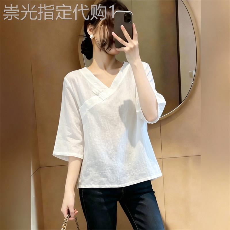 潮牌2026夏季纯色V领亚麻衬衫T恤女胖MM韩版时尚五分袖棉麻上衣服