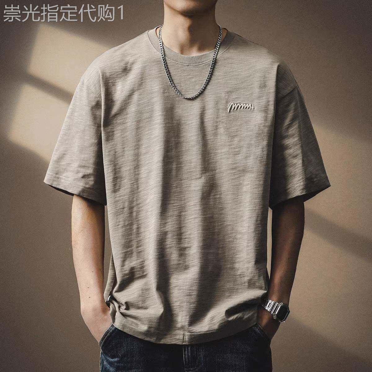 意大利高端竹节棉短袖t恤男士夏季2025新款日系复古宽松大码体恤