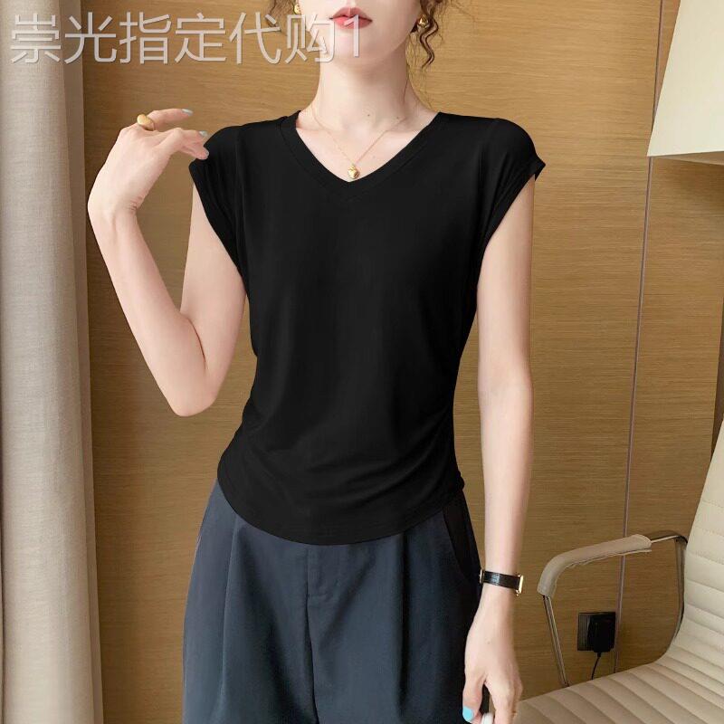 黑色莫代尔v领无袖背心t恤女夏2025新款冰丝薄款外穿收腰坎肩上衣
