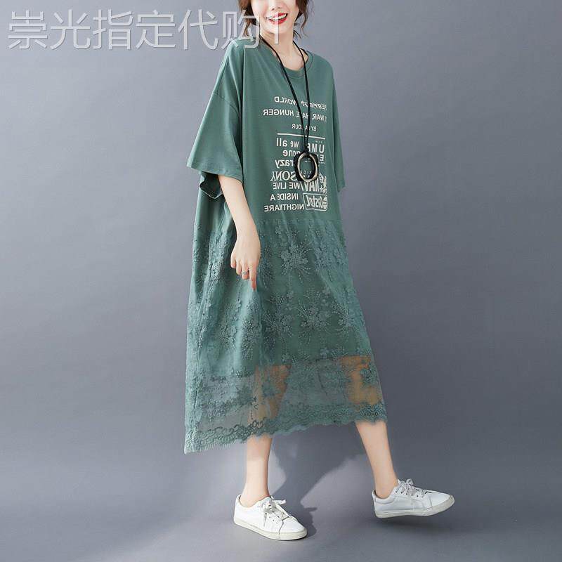 蕾丝拼接t恤连衣裙女2026夏季新款欧货爆款裙子休闲a字中长大摆裙