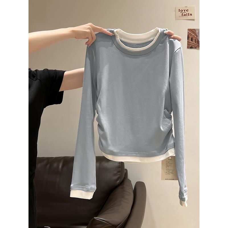 韩国假两件圆领拼接长袖内搭女秋装正肩修身显瘦T恤打底衫上衣