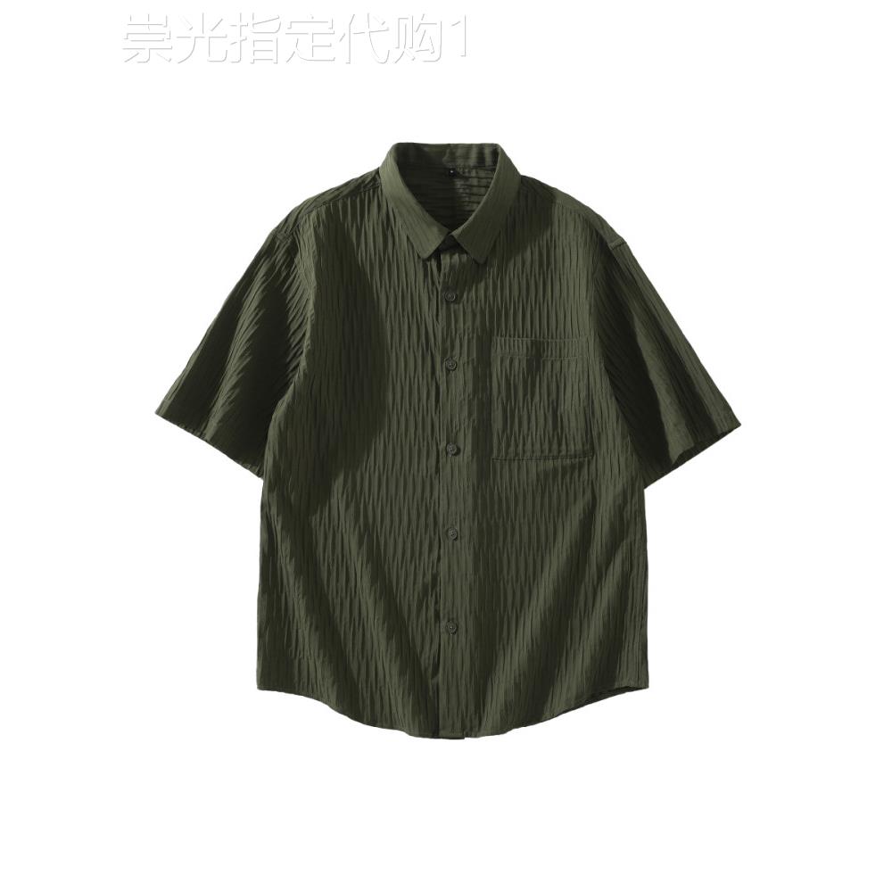 MUSONMU褶皱肌理感短袖衬衫男潮牌透气翻领休闲宽松寸衣衬衣外套