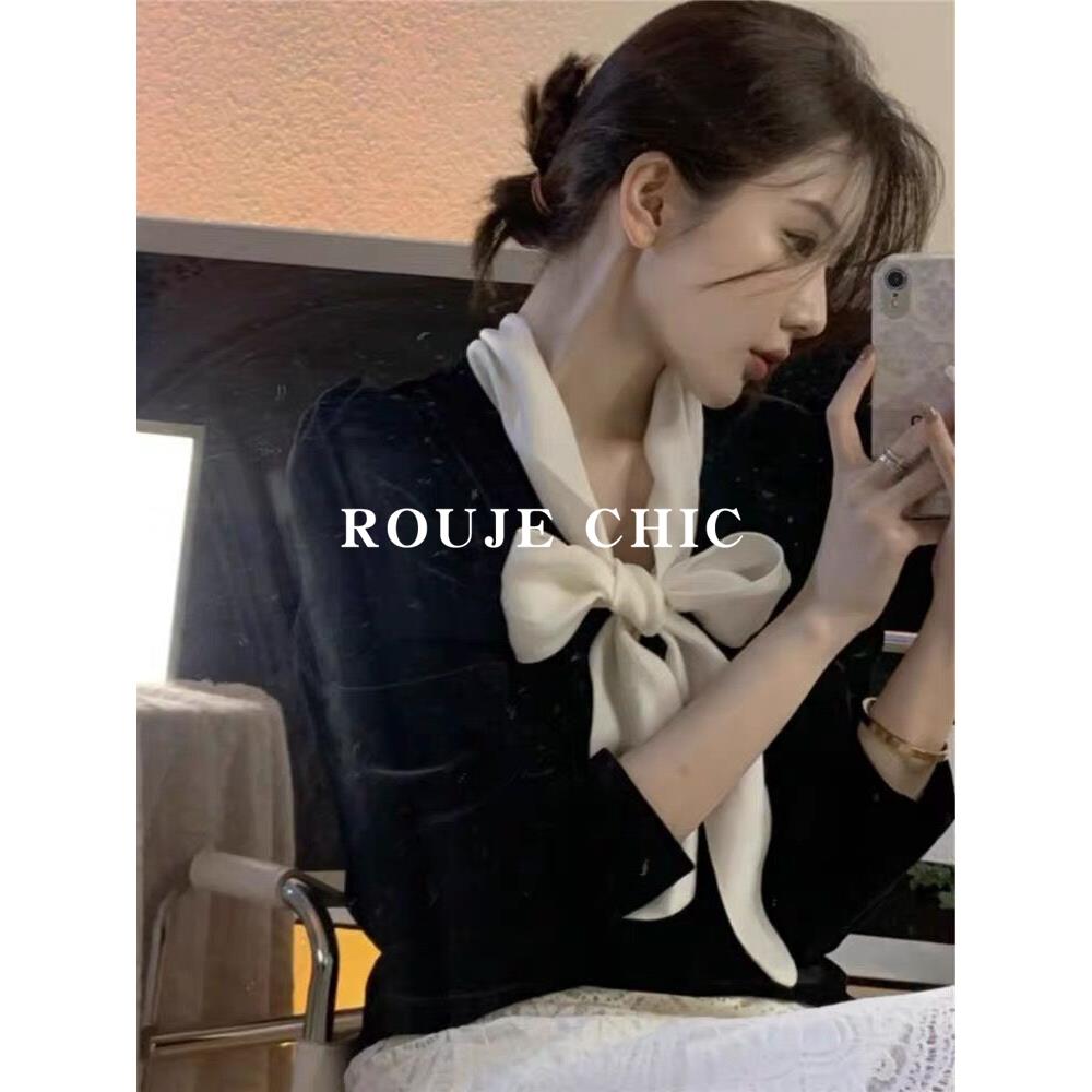法国Rouje Chic法式蝴蝶结黑色丝绒衬衫女设计感洋气显瘦百搭衬衣