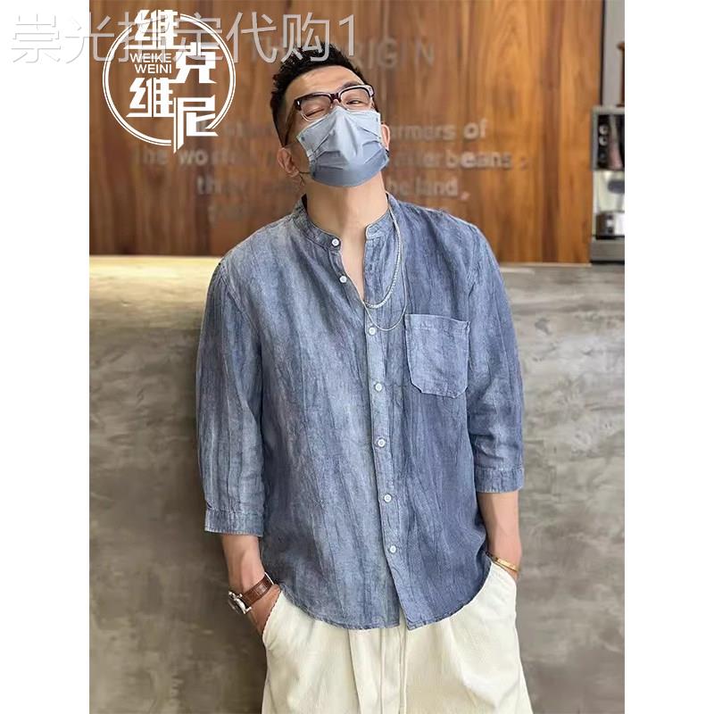 亚麻短袖衬衫男夏季薄款七分袖棉麻衬衣日系复古潮牌痞帅休闲上衣