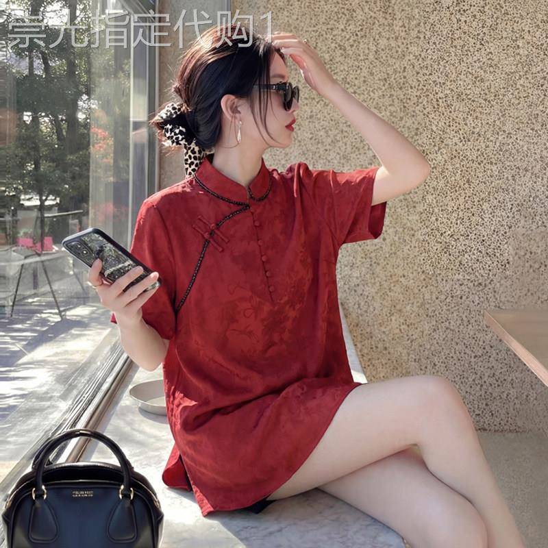 新中式风红色短袖立领盘扣上衣女2026年夏季新款复古气质大码内搭