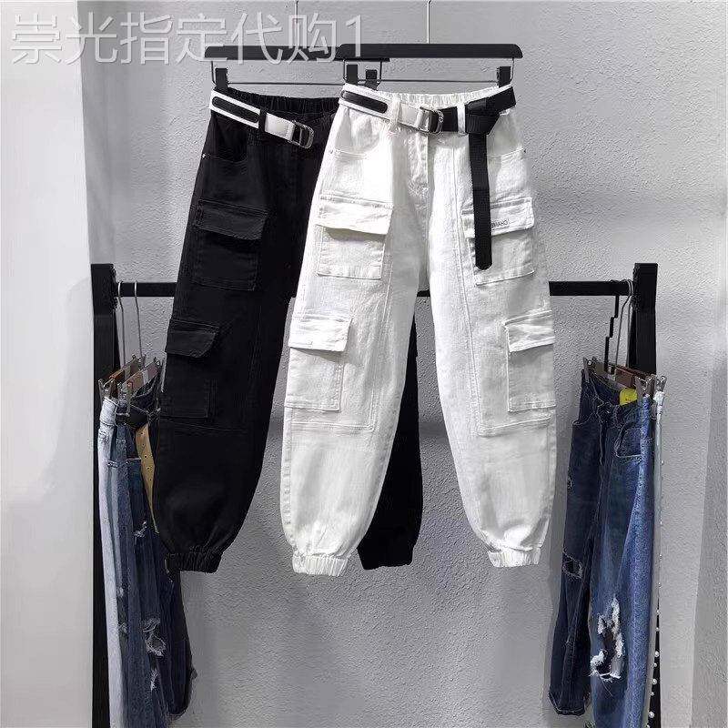 白色工装裤女春秋季2025新款宽松束脚小个子九分休闲哈伦萝卜裤子