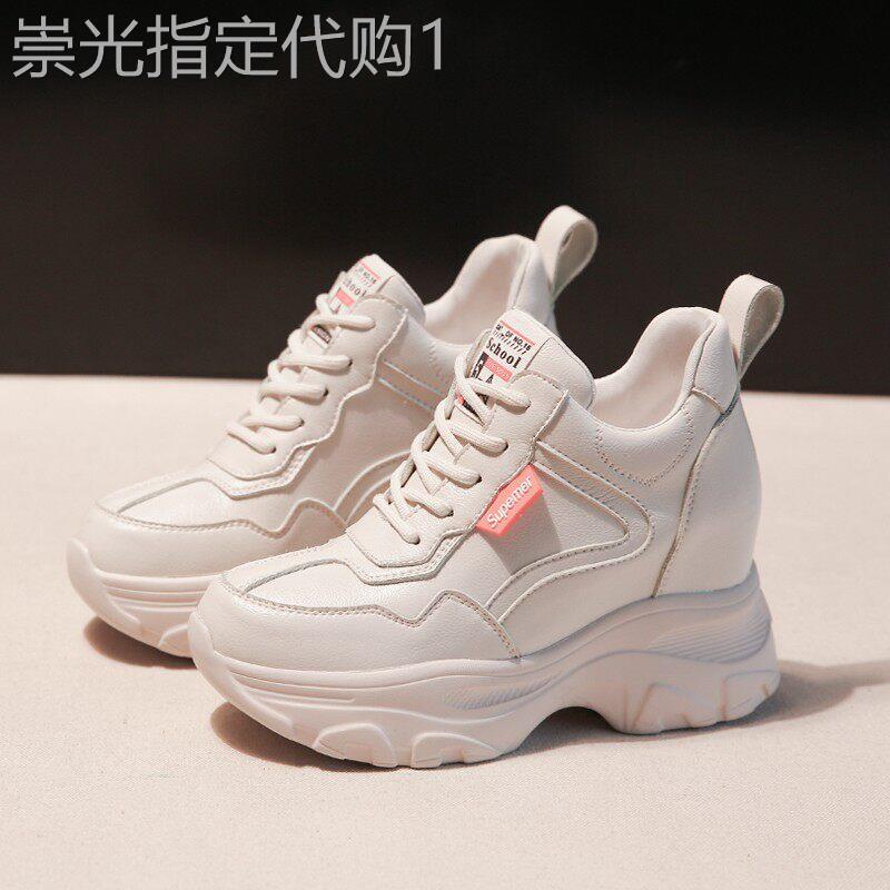 内增高女鞋2025春季新款运动高帮小白鞋子女款真皮老爹鞋厚底休闲