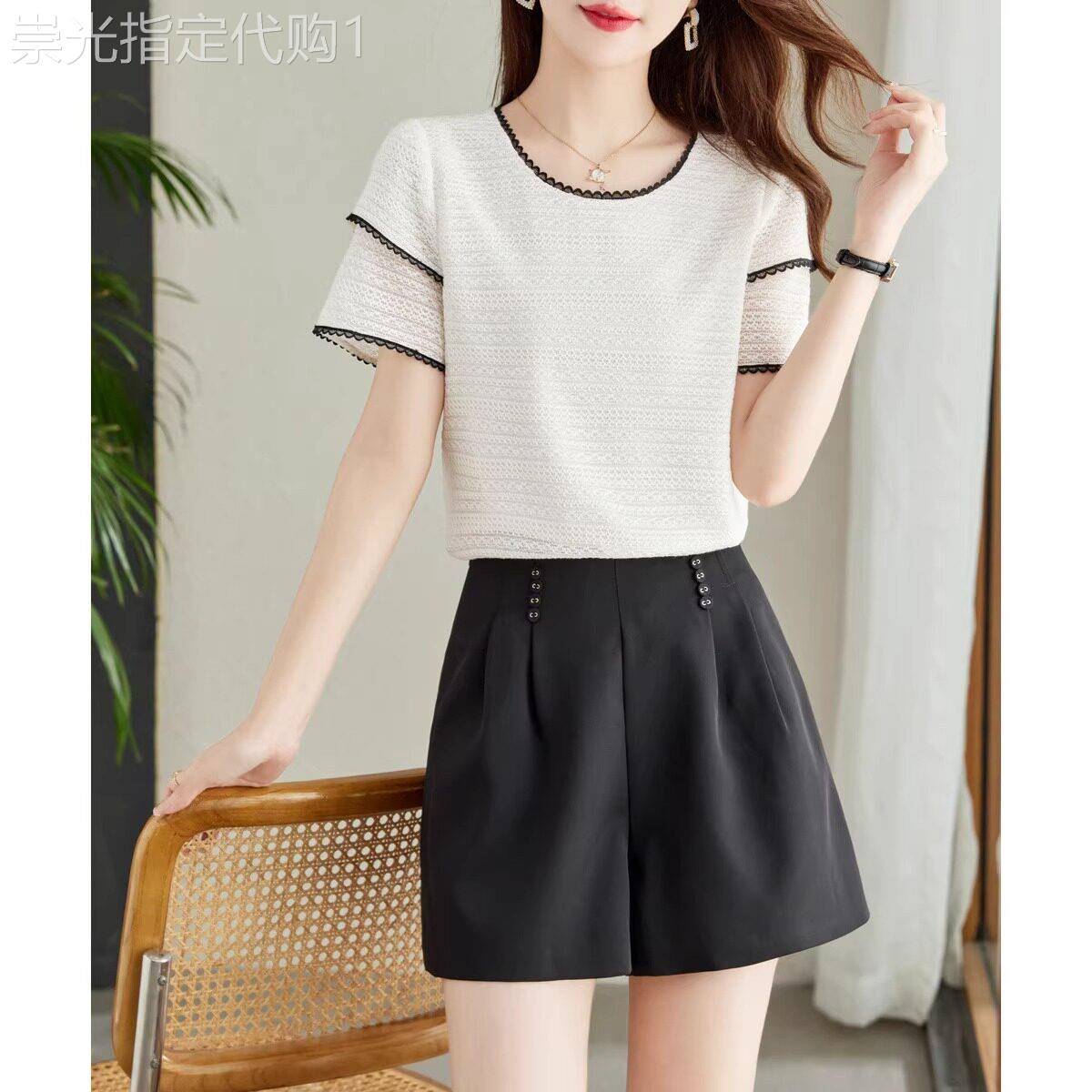 法式休闲套装女夏季薄款2026新款镂空蕾丝短袖t恤阔腿短裤两件套