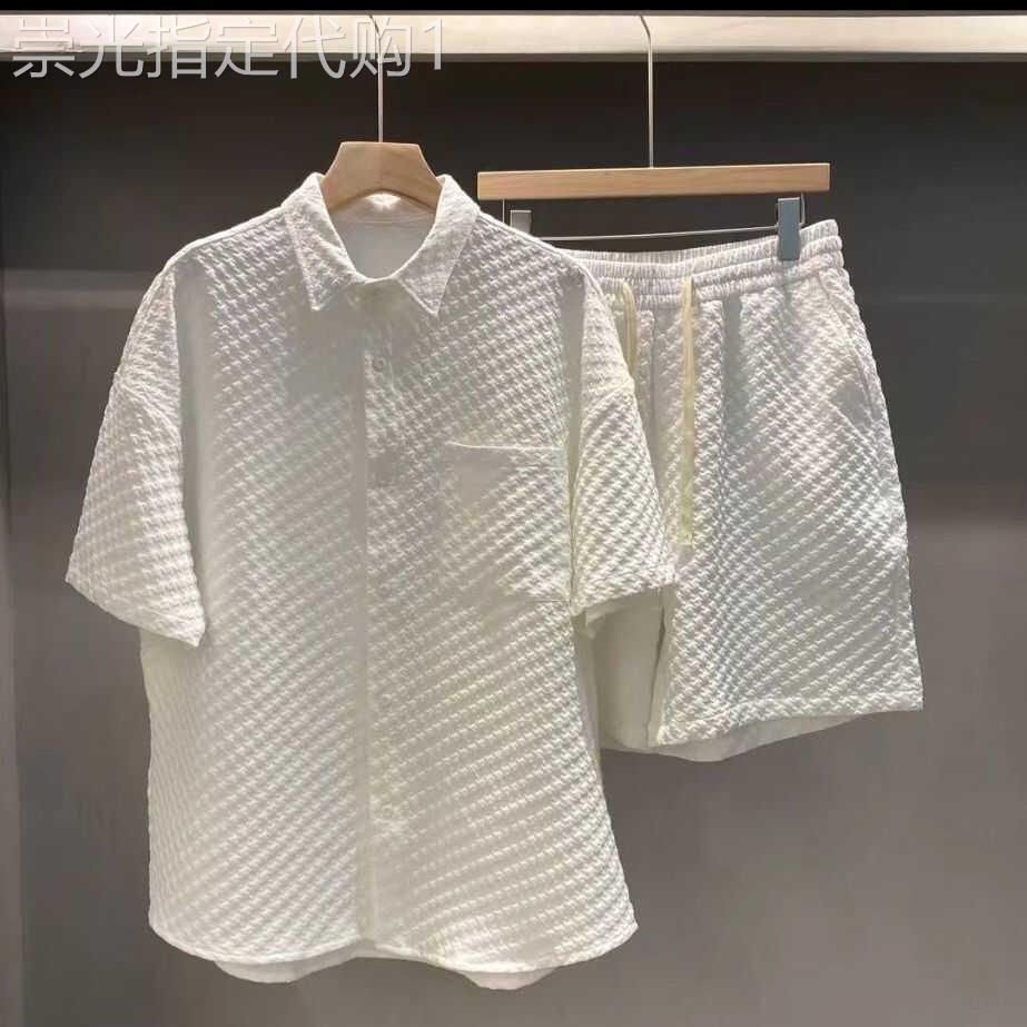 韩国专柜春季短裤套装男士时尚情侣宽松百搭翻领休闲衬衣两件套男