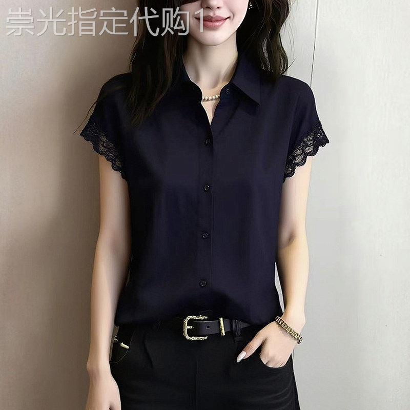 黑色短袖衬衫女夏季新款薄款洋派减龄宽松显瘦设计感蕾丝花边上衣