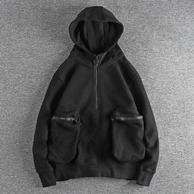 代购潮男秋冬高克重加绒加厚半开领连帽男士卫衣复古潮流青年上衣