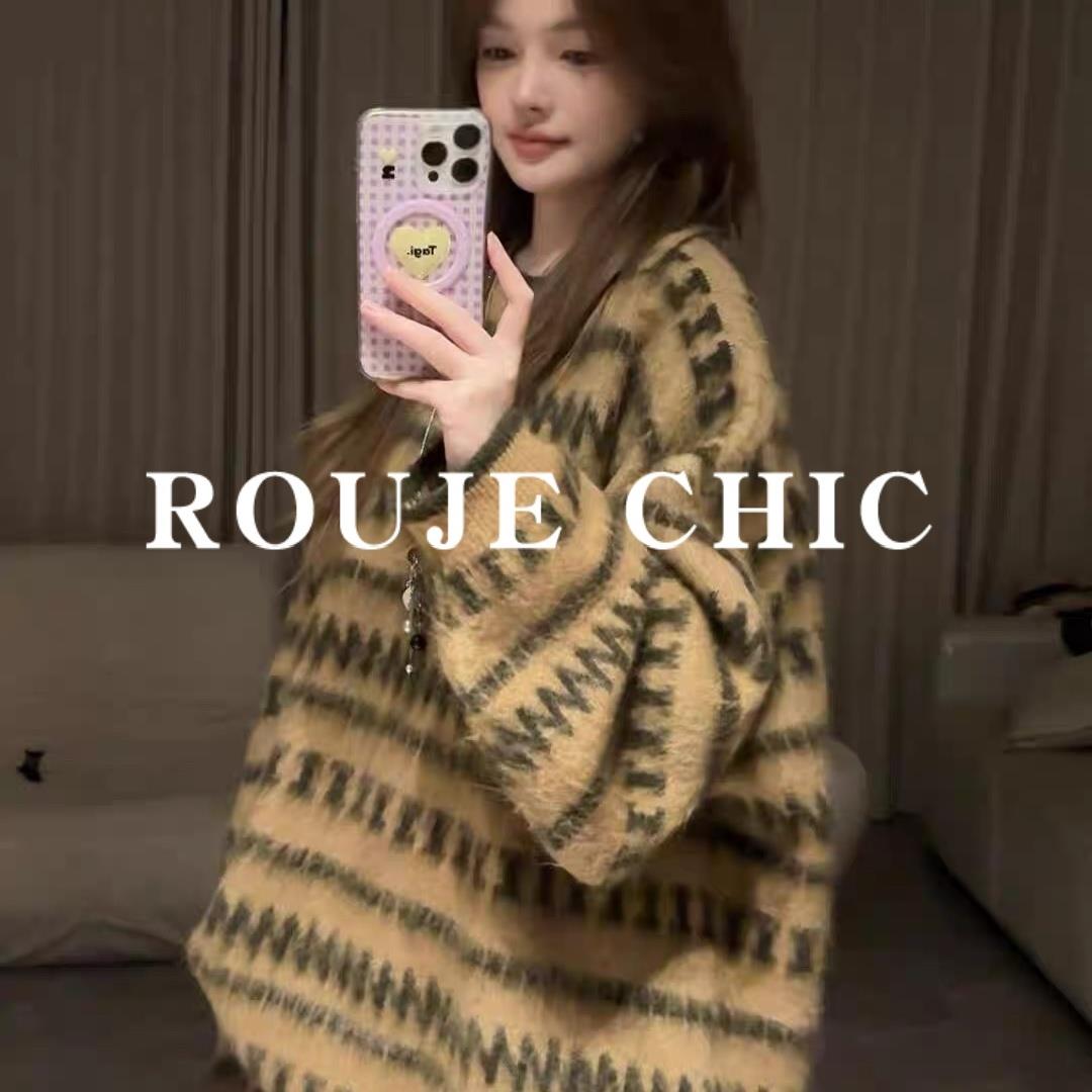 法国rouje chic法式松弛感咖色马海毛条纹毛衣女秋冬中长款针织衫