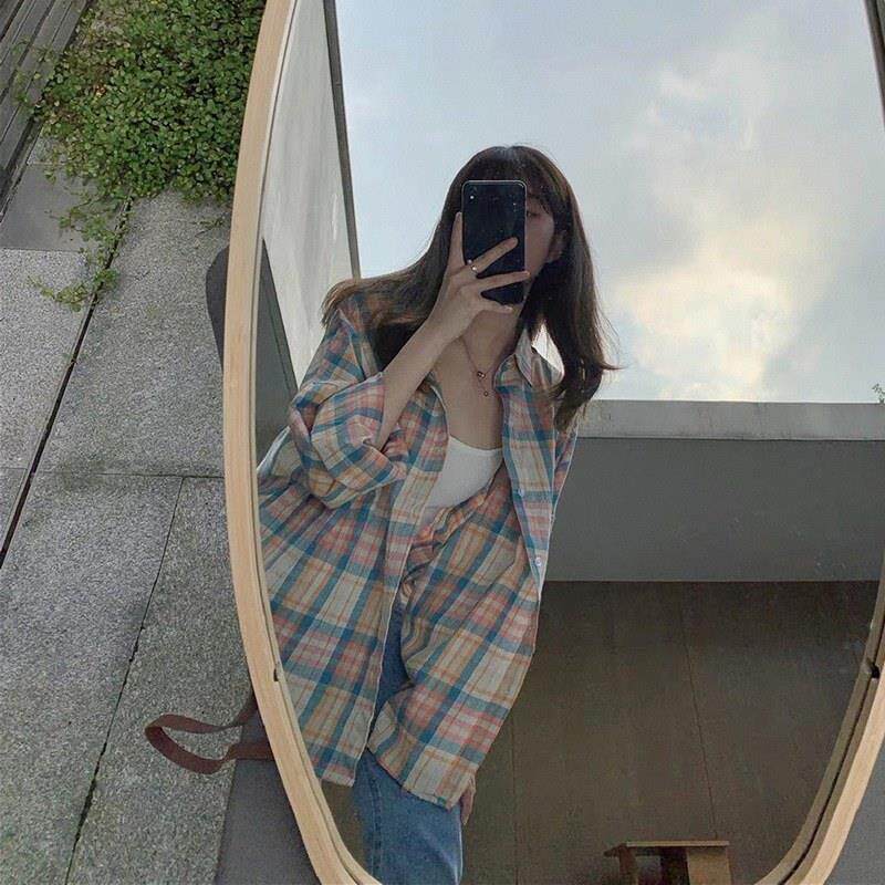 粉色格子衬衫女春秋季复古长袖衬衣大码开衫小个子中长款防晒外套