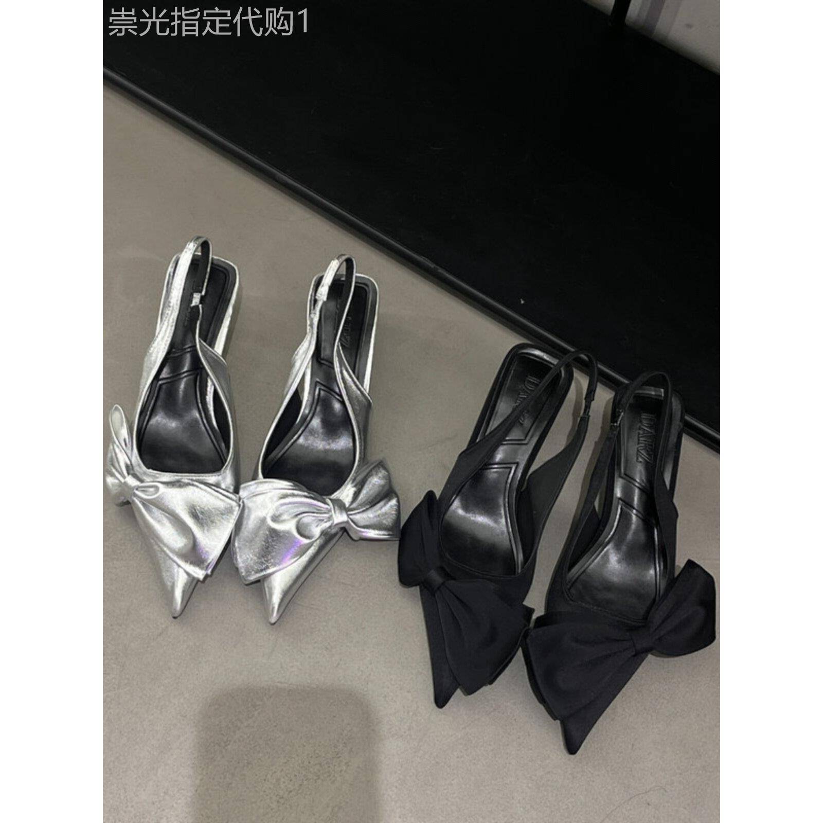 潮牌欧美风金属系高跟2025新款蝴蝶结饰尖头包头玛丽珍凉鞋女外穿
