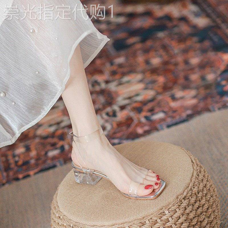 透明一字带凉鞋女2025年夏季新款水晶粗跟仙女风配裙子女士高跟鞋
