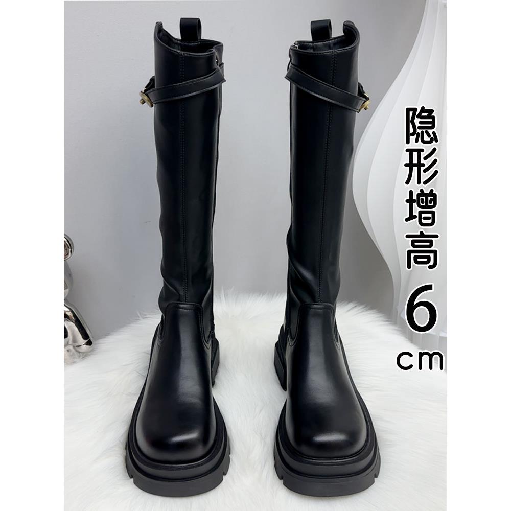 香港真皮不过膝长筒靴女2025秋冬新款黑色厚底小个子增高筒骑士靴