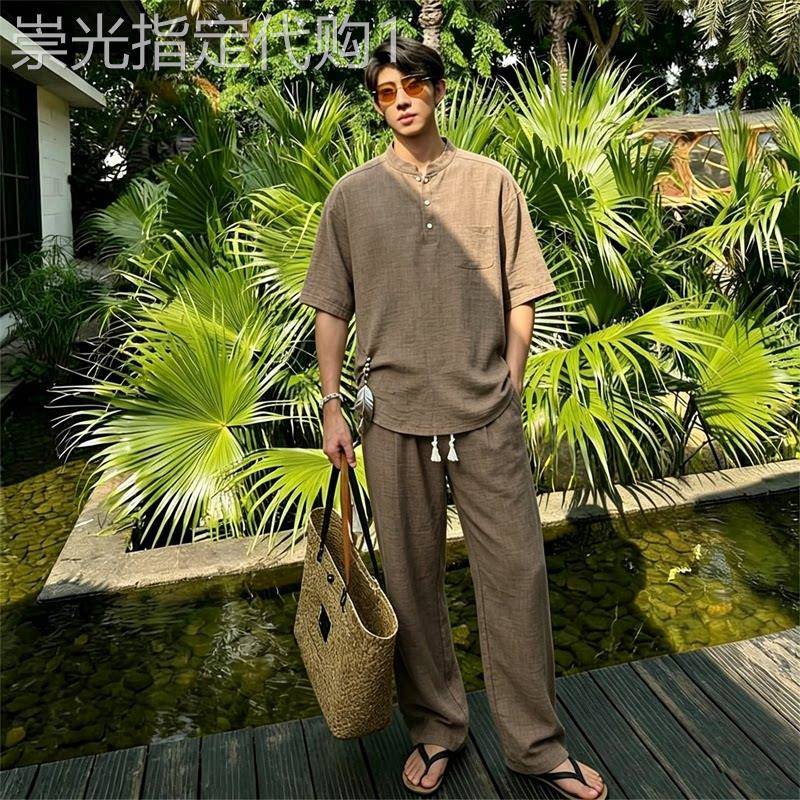 潮牌薄款老钱风衬衫套装男士2026夏季宽松休闲短袖棉麻裤子一整套