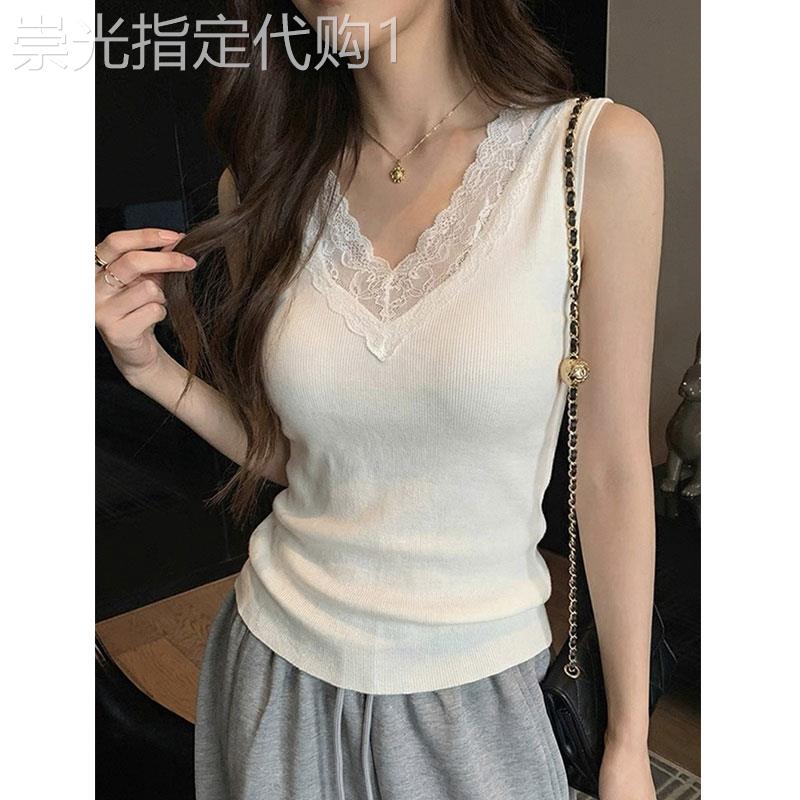 法式蕾丝边V领吊带背心女夏季薄款白色修身显瘦内搭针织无袖上衣