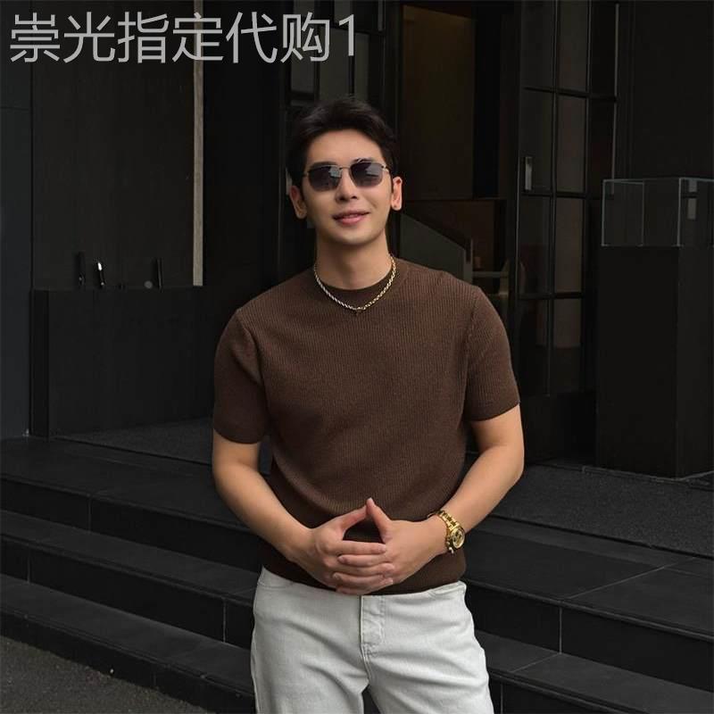 老钱风冰丝针织短袖T恤男士夏季潮牌痞帅修身体恤休闲圆领上衣服