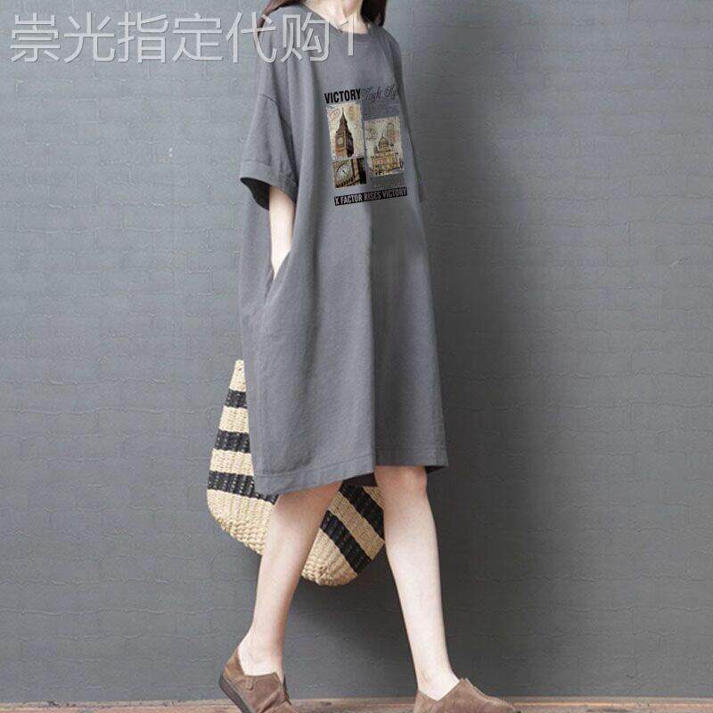 文艺宽松休闲 纯棉短袖T恤洋装女夏中长版时尚洋派大尺码半袖上衣