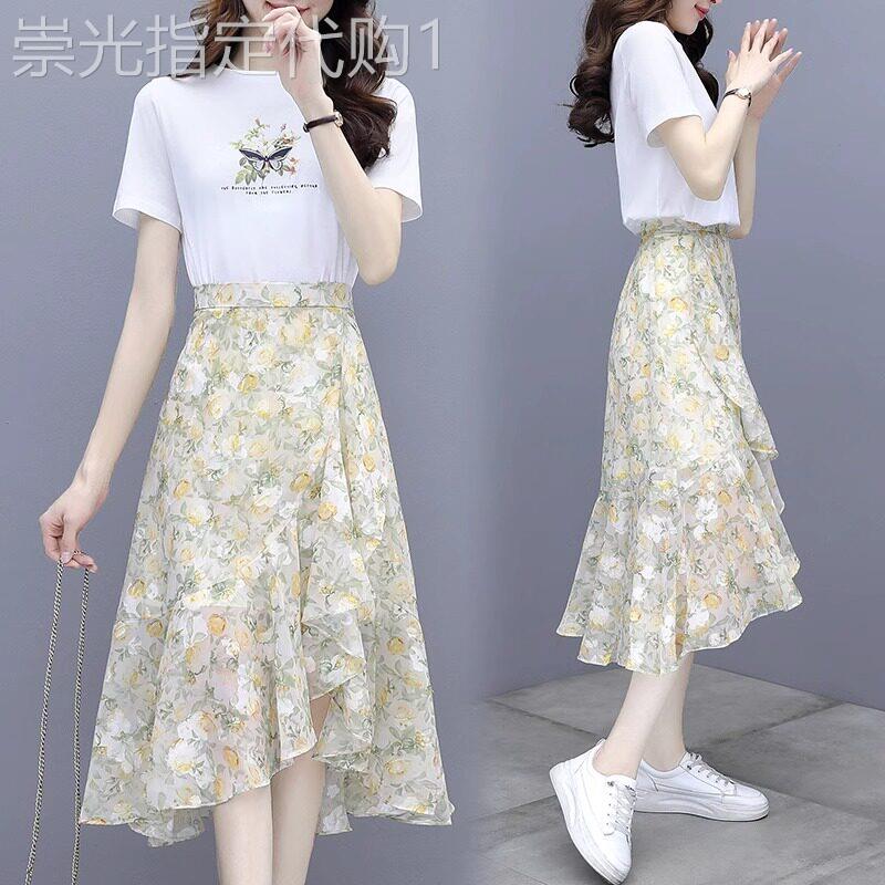 2026夏季新款雪纺碎花A字半身裙不规则雪纺高腰洋装两件式套装女
