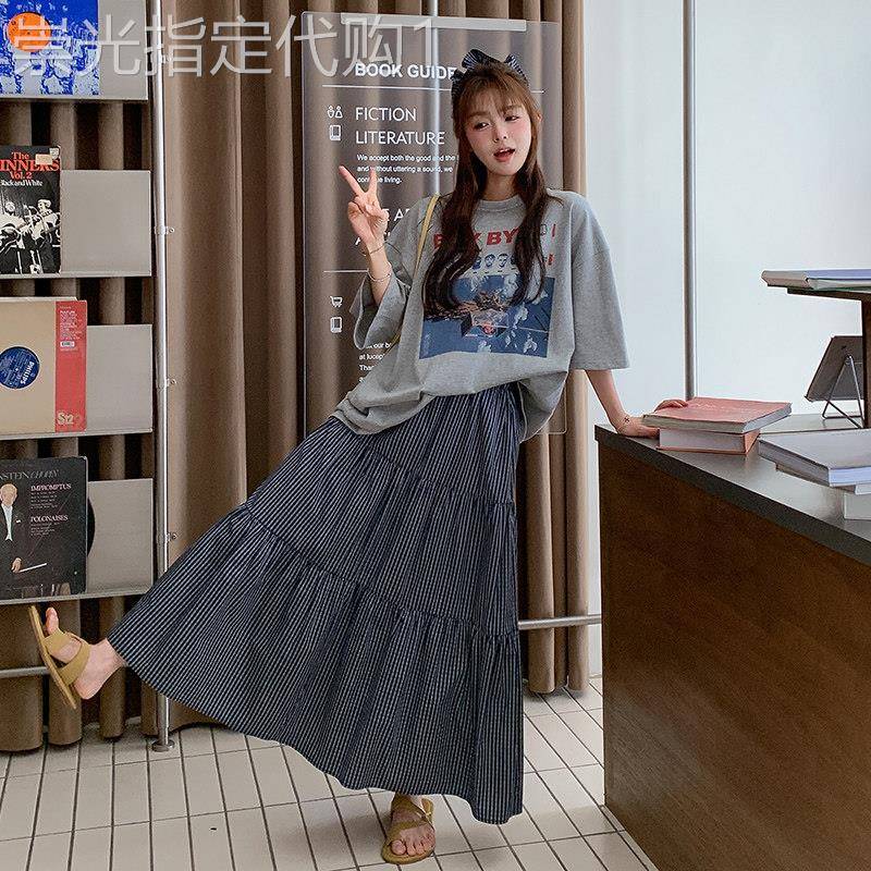 韩系慵懒松弛感印花T恤格子半身裙两件式套装女2025夏款穿搭一整