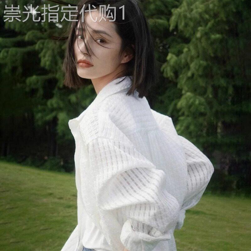 韩系高级感白色天丝防晒衬衫女夏季宽松慵懒风雪纺格纹防晒衣外套