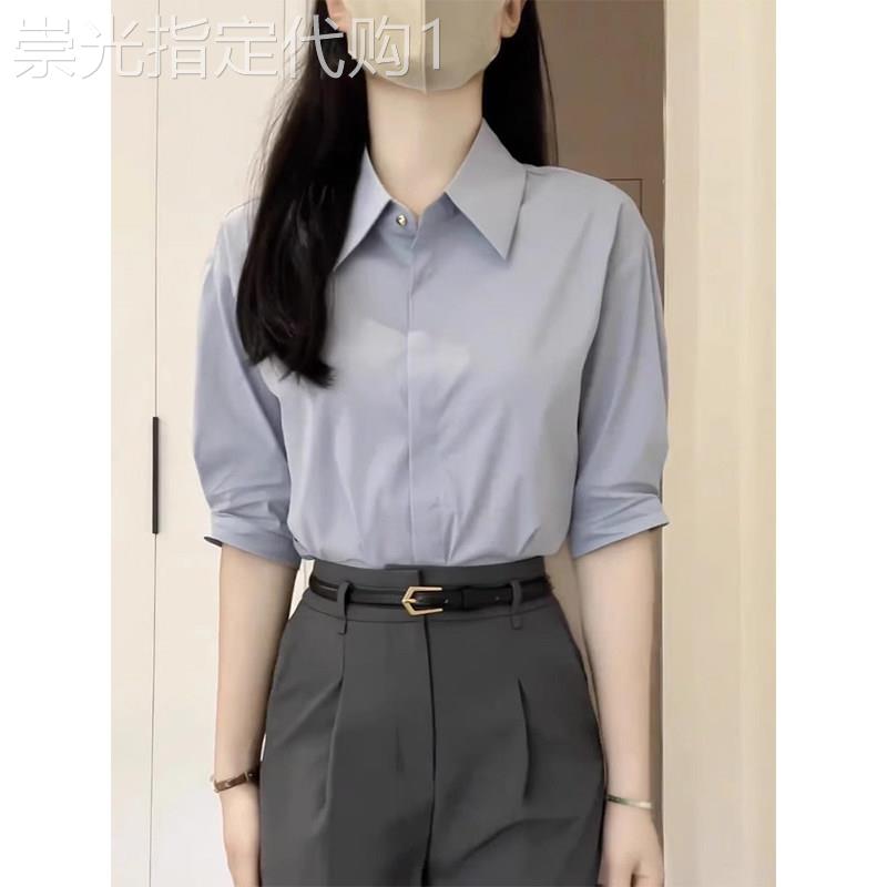 法式蓝色短袖衬衫女2026夏季薄款小个子宽松中袖职业通勤半袖上衣