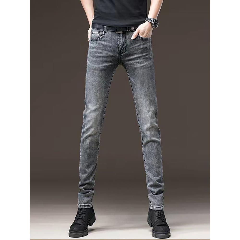 高端秋季烟灰色男士牛仔裤修身小脚潮流百搭弹力休闲长裤子灰色
