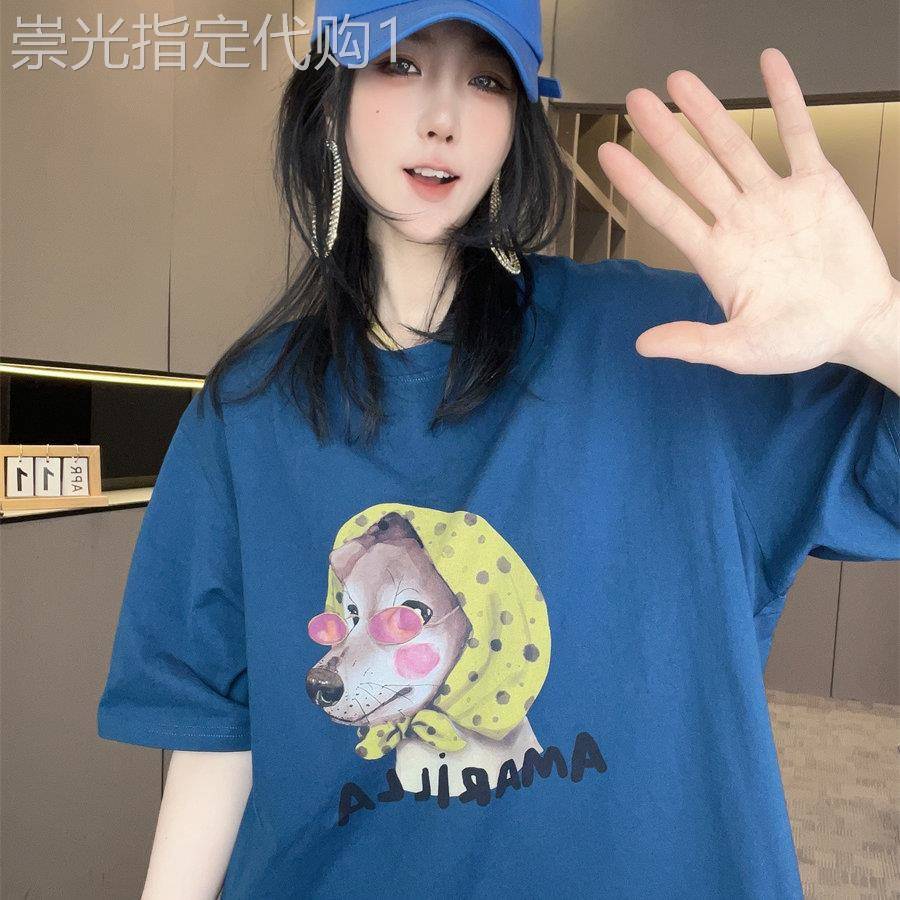 短袖T恤女2026夏季新款连帽小狗字母印花半袖宽松显瘦休闲上衣潮