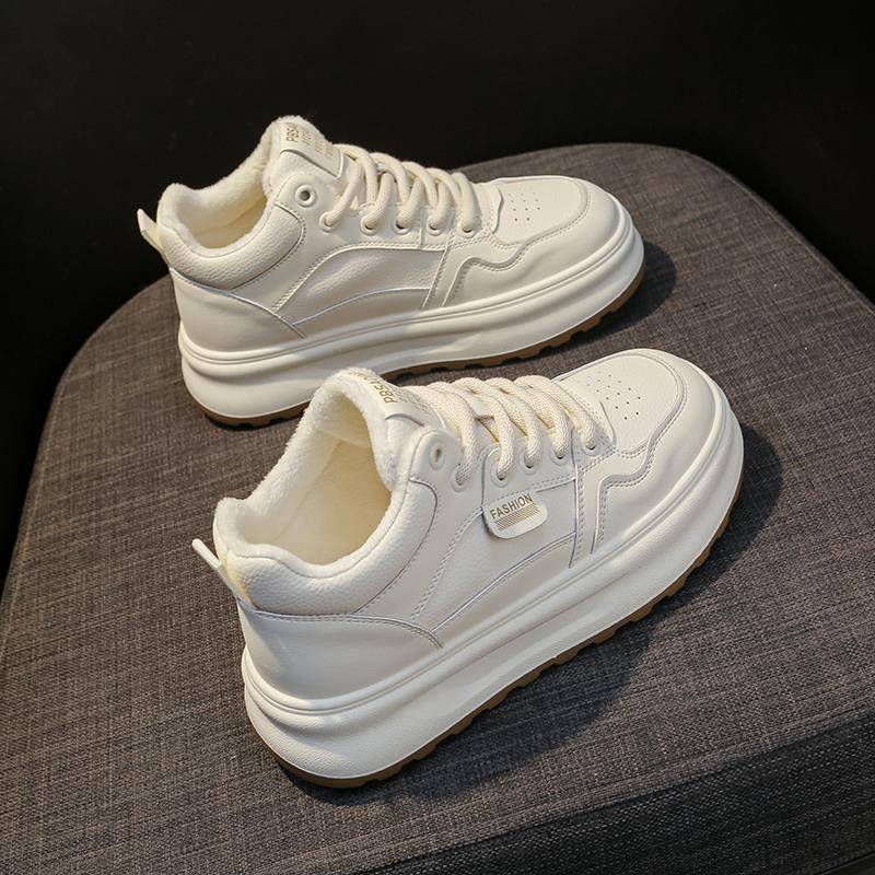 香港真皮厚底棉鞋女2025新款冬季加绒高帮小白鞋二棉运动休闲板鞋