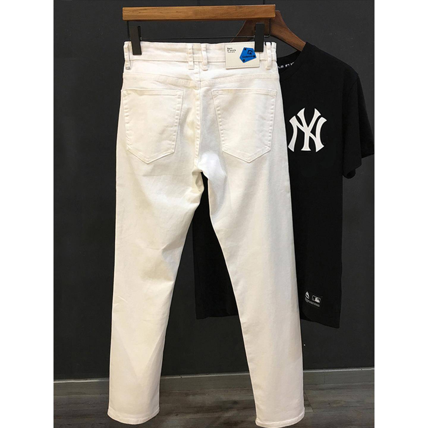 香港时尚品牌白色牛仔裤男士直筒松紧带弹力百搭韩式时尚青年休闲