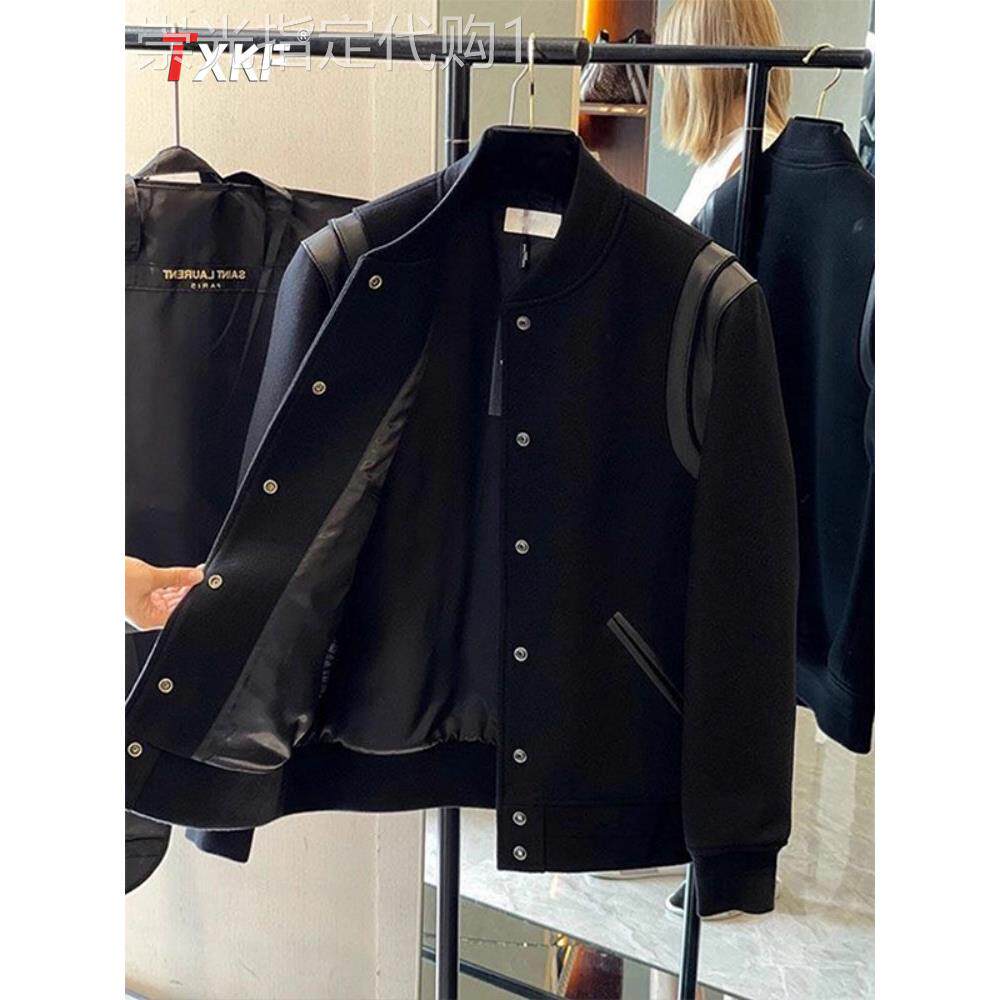 高端毛呢棒球服外套男士2025新款春秋冬季痞帅拼皮垫肩皮夹克男款