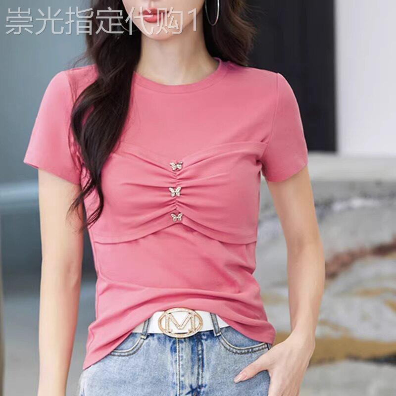 纯棉圆领短袖T恤女夏季修身显瘦洋派褶皱T恤衫正肩小圆领上衣潮