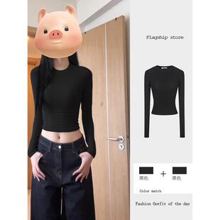 日系黑色长袖T恤女春秋季新款辣妹风掐腰显瘦短款打底衫内搭上衣